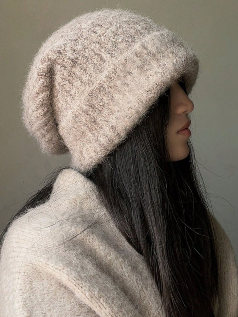Khaki Casual Women's Fuzzy Plain Knitted Long Beanie